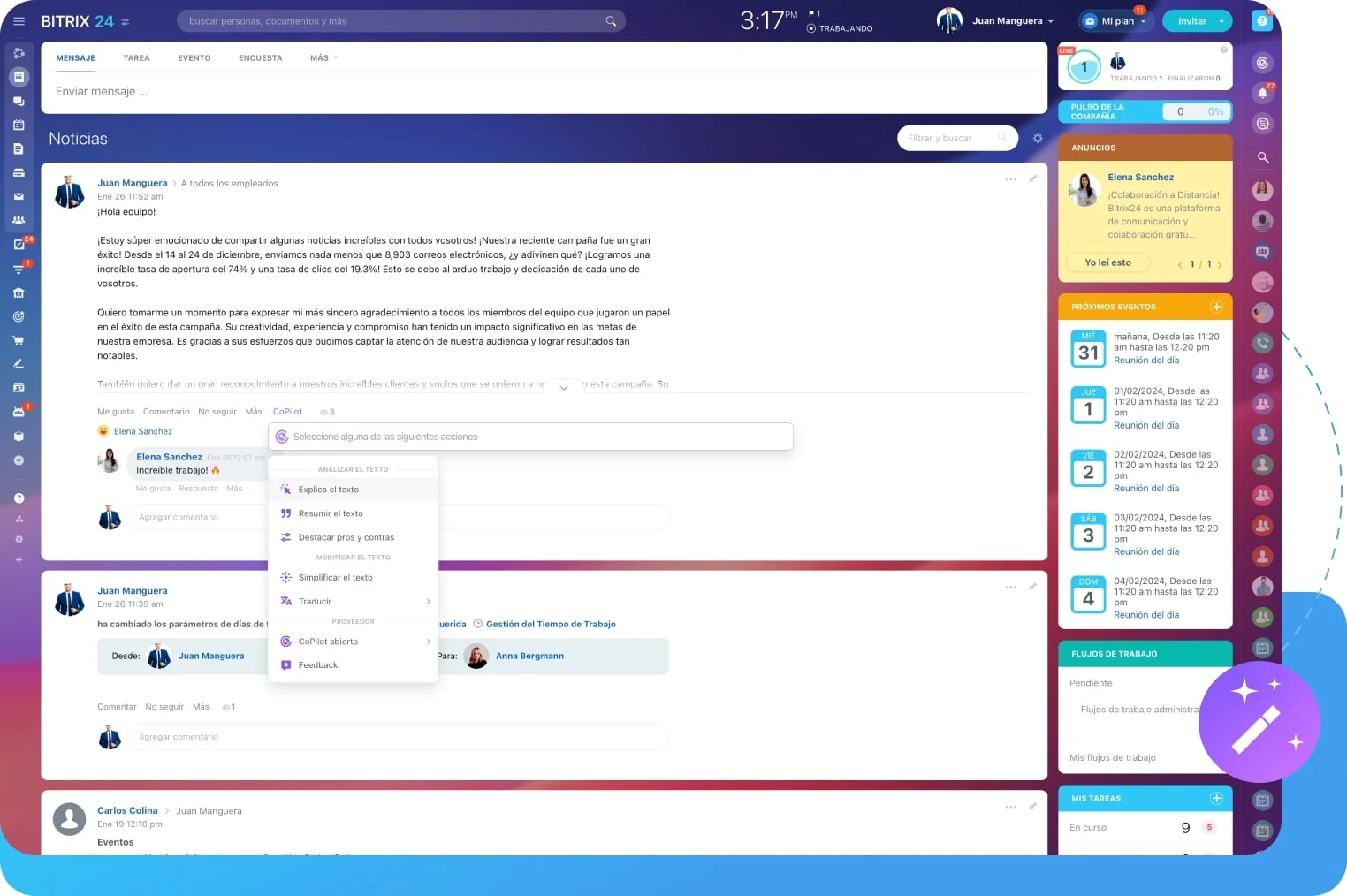 Centro de comunicaciones internas para mensajes, anuncios y difusión de información del equipo