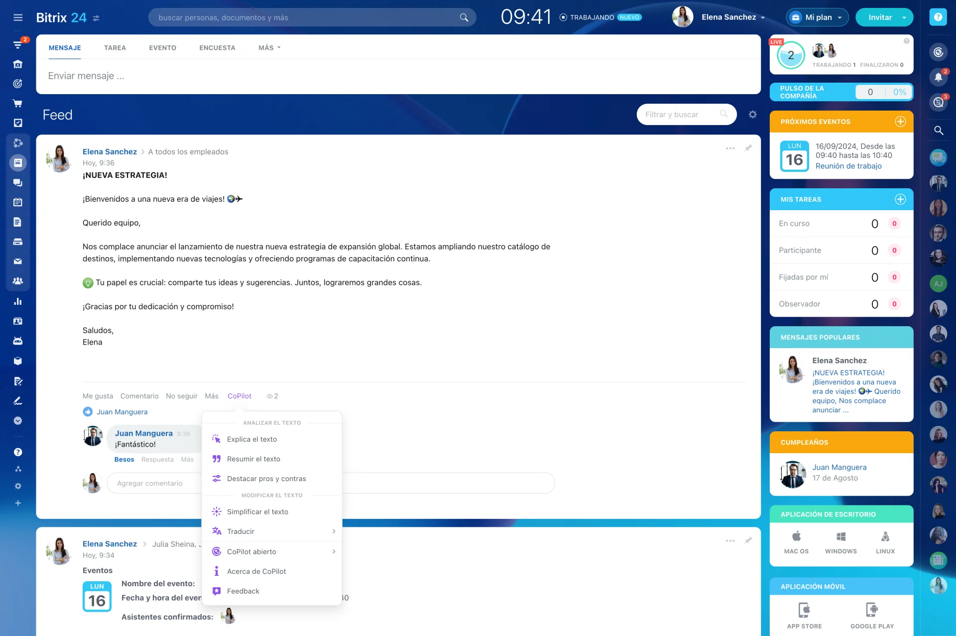 Copiloto de IA en herramientas de colaboración para redactar mensajes y resumir contenido