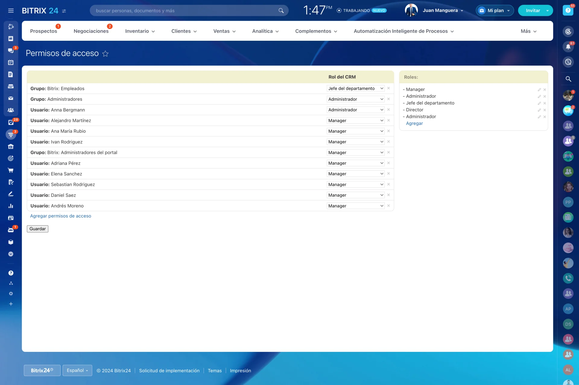 Configuración de permisos de acceso en CRM para roles y visibilidad de datos