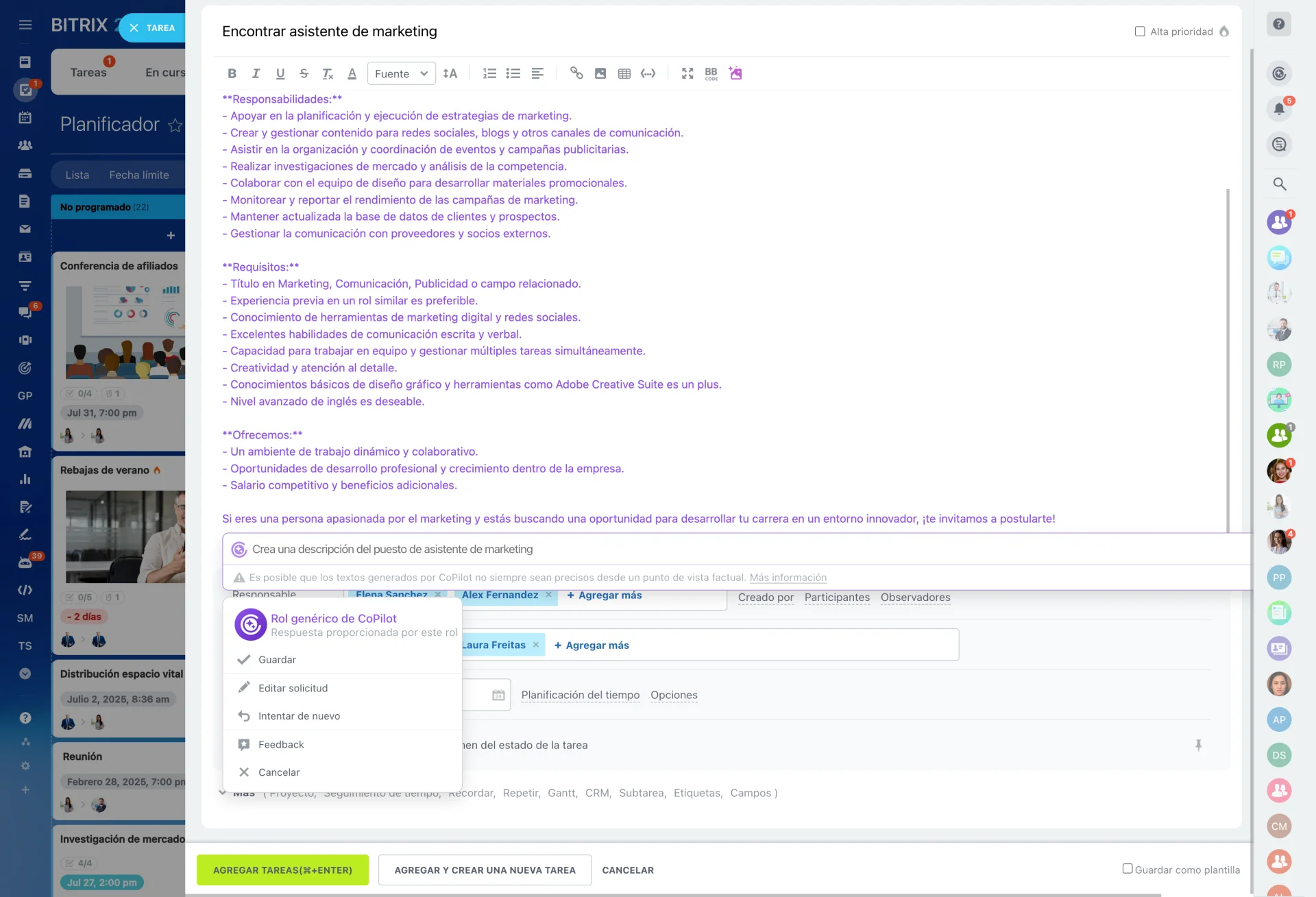 Asistente de IA para generar y editar descripciones de tareas y contenido laboral
